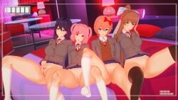 4girls anus bedroom black_legwear blue_eyes blush bottomless brown_hair doki_doki_literature_club green_eyes koikatsu looking_at_viewer monika_(doki_doki_literature_club) natsuki_(doki_doki_literature_club) pink_eyes pink_hair pubic_hair purple_eyes purple_hair pussy sayori_(doki_doki_literature_club) sitting_on_bed tongue_out white_legwear yuri_(doki_doki_literature_club) yurikatsu13