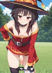 1futa ai_generated balls black_hair blush breasts cock dickgirl flaccid foreskin futa_only futanari half_naked huge_cock indoors kneeling kono_subarashii_sekai_ni_shukufuku_wo! light-skinned_futanari light_skin looking_at_viewer megumin naked nipples on_bed outdoors panties panties_down penis precum red_eyes short_hair small_breasts smug solo