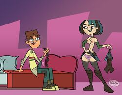 1girls accurate_art_style breasts canon_panties cody_(tdi) erection erection_under_clothes goth green_hair gwen_(tdi) nipples panties print_panties purple_panties skirt_lift skull_print skull_print_panties tagme thighhighs topless total_drama_island