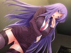 blue_eyes blush breasts censored female game_cg garter_straps highres ino large_breasts legs long_hair looking_at_viewer midori_aoi necktie nise_kyouso no_panties open_mouth purple_hair pussy skirt solo standing suit takatsu_miki thighhighs thighs