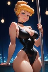 1girl ai_generated bedroom_eyes black_leotard blonde_hair blue_earrings cameltoe camisole choker cinderella_(1950_film) cinderella_(disney) covered_navel cowboy_shot disney disney_princess exotic_dancer eyelashes groin hair_bun half-closed_eyes highleg_leotard indoors large_breasts leotard lips looking_at_viewer looking_down narrow_waist narrowed_eyes nightclub pole pole_dancer pole_dancing seductive strip_club stripper stripper_clothes stripper_pole targyria_(ai_generator) thighs updo wide_hips