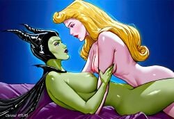 2girls ai_generated aurora_(sleeping_beauty) disney maleficent stable_diffusion yuri