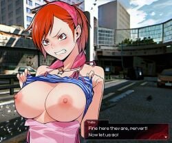 ai_generated angry bandana bangs bare_shoulders blush breasts camisole clenched_teeth clothes_lift cranpeach day devil_survivor dialogue_box english_text exhibitionism fake_screenshot female flashing game_screenshot hd jewelry large_breasts lifted_by_self necklace nipples no_bra orange_eyes orange_hair outdoors photo_background public_indecency shin_megami_tensei shirt_lift short_hair solo spaghetti_strap strapless striped teeth tube_top upper_body user_interface yuzu_tanikawa