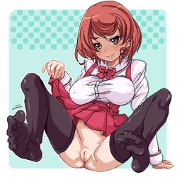 arm_support black_legwear blush bottomless bow breasts brown_hair character_request copyright_request erect_nipples female female no_panties oekaki orange_eyes out_of_border parted_lips pussy red_hair short_hair sitting skirt_lift smile solo spread_legs sweatdrop thighhighs uncensored yuni_futoshi