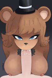 1boy 1girls anthro bear_girl blowjob blue_eyes brown_fur cum cum_in_mouth fap_nights_at_frenni's five_nights_at_freddy's foxyle freddy_(fnaf) frenni_(cryptia) frenni_(cryptiacurves) frenni_fazclaire furry naked naked_female