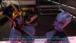 3d alien alien_futanari asari benezia big_dick blender bondage comic comic_page commander_shepard english english_text futa_on_male futanari gimp gimp_suit latex liara_t'soni mass_effect matriarch_benezia small_penis_humiliation vikhlop