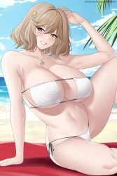 absurdres anis_(nikke) anis_(sparkling_summer)_(nikke) aslindsamure beach bikini breasts brown_hair eyepatch_bikini eyewear_on_head female glasses goddess_of_victory:_nikke highres huge_breasts jewelry large_breasts navel necklace ocean official_alternate_costume short_hair smile solo string_bikini swimsuit towel white_bikini