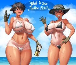 2girls ^^^ absurdres black_hair blue_eyes blush boonie_hat breasts brown_gloves camouflage camouflage_headwear collarbone cowboy_shot gloves hand_on_own_hip highres hitch_(hitch_driessen/perotoss400/kirochef) hitch_(perotoss) huge_breasts large_breasts looking_at_viewer medium_hair multiple_girls navel open_mouth original outdoors rokmc_chan sharp_teeth short_hair smile strangling tan tanlines teeth thick_thighs thighs toned water wet yellow_eyes