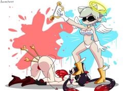 2girls angel angel_wings anonimop3rson arrow arrow_in_ass artist_name black_gloves bow bra breasts callie_(splatoon) cleavage closed_eyes devil devil_wings eyes_closed gloves gold_footwear humiliation inkling inkling_girl marie_(splatoon) mole mole_on_ass mole_under_eye navel nintendo panties red_bra red_footwear red_panties splatoon squid_sisters tentacle_hair tongue tongue_out underwear white_bra white_gloves white_panties yellow_footwear