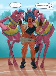 anthro avian biped bird bottomwear brand_new_animal breasts clothed clothing dialogue female female/female flamingo genitals gesture group hand_gesture hi_res michiru_kagemori navel pubes pussy skirt speech_bubble studio_trigger text thedarkzircon thick_thighs trio v_sign