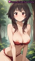 1girls :< ai_generated alternate_breast_size anime anime_style areola_slip asian bangs bare_arms bare_shoulders black_hair blush bow_bra bra bra_pull breasts brown_hair bush bust busty cleavage closed_mouth collarbone day female female_focus female_only female_solo forest hentai kono_subarashii_sekai_ni_shukufuku_wo! lace-trimmed_bra large_breasts lingerie looking_at_viewer medium_hair megumin natsuyoru nature navel nipple_slip nipples nipples_outside outdoors panties pantsu red_bra red_eyes red_panties short_hair short_hair_with_long_locks sidelocks solo solo_female stomach strapless strapless_bra thighs tree underwear underwear_only v_arms voluptuous voluptuous_female