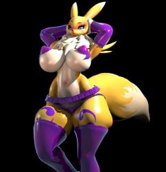 anthro bandai_namco clothing digimon digimon_(species) female fluffy fluffy_tail gloves hands_behind_head handwear latex latex_clothing maxwell258 pasties renamon renamon_(bom39) solo tail