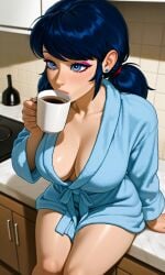 1girls ai_generated bare_legs bare_thighs bathrobe blue_eyes blue_hair chloenette69 disney disney_channel drinking_coffee earring eyebrows eyelashes eyeliner eyeshadow kitchen ladybug_(character) large_ass large_breasts marinette_cheng marinette_dupain-cheng miraculous:_tales_of_ladybug_and_cat_noir miraculous_ladybug sitting_on_bench thick_thighs twintails