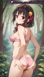 1girls ai_generated anime anime_style asian ass ass_grab ass_support back bangs bare_arms bare_shoulders black_hair blush bow bra braid breasts brown_hair bush bust busty closed_mouth cowboy_shot crown_braid day female female_focus female_only foliage forest from_behind grabbing_own_ass hair_ornament hair_over_shoulder hairbow hands_on_own_ass hentai juicy_butt kono_subarashii_sekai_ni_shukufuku_wo! long_hair looking_at_viewer looking_back low_twintails medium_breasts medium_hair natsuyoru nature oshiri outdoors panties pantsu pink_bra pink_panties red_bow red_eyes ribbon shoulder_blades sideboob solo solo_female standing thighs tree twintails underwear underwear_only voluptuous voluptuous_female yunyun_(konosuba)