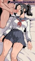 1boy 1girls 2025 ai_generated artist_name black_hair bleach breasts breasts breasts bust chest clothed_female_nude_male cock cum dick electroworld facial female hi_res high_quality high_resolution highres karin_kurosaki kurosaki_karin nude patreon patreon_username penis ponytail school_uniform serafuku skirt stable_diffusion straight uncensored watermark