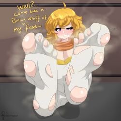 big_breasts blonde_female blonde_hair breasts feet foot_fetish horny horny_female mistpirit mocking musk musky musky_feet rwby smell smelly_feet socks sweat sweaty text toenail_polish yang_xiao_long