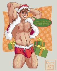 1boy 1male abs armpit_hair armpits arms_up ass big_nipples big_thighs bodyhair bulge earrings kazz-e_art male male_only pecs pin_up pubic_hair santa_hat smile teasing text_bubble todd_(kazz-e_art) xmas