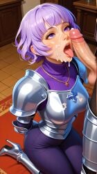 ai_generated armor avgustbooro bangs blush cum cum_in_mouth cum_on_clothes cum_on_face eyeliner freckles heel_boots kneeling lilac_hair open_mouth original_character penis purple_eyes short_hair tights