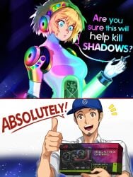 1boy 1boy1girl 1girls 2024 aigis_(persona) blonde_hair blue_eyes dialogue english_text female graphics_card junpei_iori male neggoartz persona persona_3 rgb_lighting rgb_lights sfw speech_bubble surprised thumbs_up