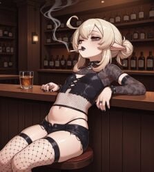 ai_generated black_nail_polish black_nails blonde_hair booty_shorts cigarette elf elf_ears elf_female elf_girl eyeshadow fishnets flat_chest flower_print goth smoking smoking_cigarette tagme tight_clothing whiskey