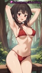 1girls :d ai_generated alternate_breast_size anime anime_style armpit armpits arms_behind_head arms_up asian ass_visible_through_thighs bangs bare_arms bare_shoulders bench bikini black_choker black_hair blush breasts brown_hair bush bust busty choker clothing collar collarbone covered_nipples cowboy_shot female female_focus female_only female_solo forest halterneck hentai kono_subarashii_sekai_ni_shukufuku_wo! large_breasts looking_at_viewer medium_breasts medium_hair megumin micro_bikini natsuyoru nature navel open_mouth outdoors red_bikini red_eyes short_hair short_hair_with_long_locks sidelocks smile solo solo_female stomach string_bikini swimsuit thigh_gap thighs tree underboob voluptuous voluptuous_female