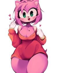 amy_rose big_breasts cleavage cute gazericc green_eyes hearts_around_head no_background pink_body pink_hair rox_hoxten short_hair shoulderless_sweater sonic_(series) sweater tagme thick_thighs