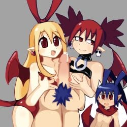 1boy 2girls big_penis blonde_hair blue_hair blush boobjob chest clothing disgaea double_naizuri double_paizuri etna ffm_threesome flonne hand_on_breast laharl looking_at_partner naizuri penis precum pubic_hair red_eyes red_hair sex small_breasts threesome titjob