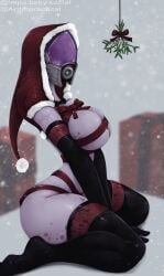 breasts christmas christmas_outfit commission commissioner_upload helmet hood huge_breasts impracticalart mask mass_effect mistletoe on_knees pinup pinup_pose purple_skin quarian ribbon snowing tali'zorah_nar_rayya thick_thighs thighhighs