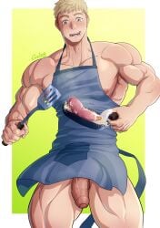 1boy alternate_muscle_size apron artist_name bara blonde_hair border commentary dungeon_meshi english_commentary foreskin frying_pan gradient_background grelx grelxb highres holding holding_frying_pan holding_spatula laios_touden large_pectorals large_penis male_focus muscular muscular_male naked_apron nipple_slip nipples pectorals penis short_hair solo spatula thighs uncensored veins veiny_penis white_border yellow_eyes