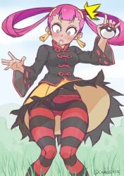1girls black_shirt blunt_bangs blush camekirin chinese_clothes embarrassed embarrassed_female eyelashes hair_rings holding_poke_ball large_sleeves long_skirt nail_polish nintendo npc_trainer open_mouth outdoors panties_visible_through_clothing pink_eyes pink_fingernails pink_hair pink_nails poke_ball pokemon pokemon_masters punk_girl_(pokemon) punk_girl_(pokemon_masters) sharp_teeth shocked_expression skirt skirt_lift solo_female striped_legwear striped_tights tassel_earrings tights upskirt wide_eyed wind_lift yellow_skirt
