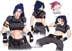 abs arcane ass bandages big_ass blue_hair blush blush breasts breasts caitlyn_kiramman clothed clothes clothing muscular muscular_female notnkgm tight_clothing vi_(league_of_legends) yuri