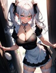 adorable ai_generated areolae big_breasts blue_eyes blush brat breasts cleavage curvy curvy_body curvy_female curvy_figure curvy_hips cute elf elf_ears garter_straps green_eyes heterochromia long_hair lux_(starlightnex) maid maid_uniform nipple_bulge nipples nipples_visible_through_clothing original original_character pointy_ears smug starlightnex stockings thick_hips thick_legs thick_thighs twintails white_hair