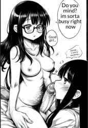 ai_assisted black_and_white black_hair blowjob blowjob_only casual casual_blowjob casual_exposure casual_nudity casual_sex chubby chubby_belly chubby_female chubby_futanari exhibitionism exposed_breasts futa_focus futa_with_female futadom futanari glasses manga_style mommy mommy_dom mommy_kink voyeur