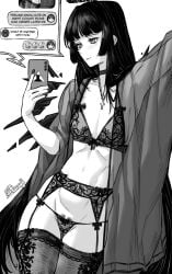 2024 arknights armpits blunt_bangs blush bra breasts cellphone english_text female female_pubic_hair furauji garter_belt garter_straps greyscale halo hi_res holding holding_phone jewelry long_hair mole mole_under_eye monochrome necklace panties phone pubic_hair see-through_clothes simple_background small_breasts smartphone smile solo underwear virtuosa_(arknights) wings