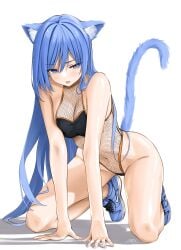 animal_ears bare_arms blue_hair breasts_squeezed_together cat_ears cat_tail chaesu fishnet_clothing fishnets kneeling long_hair looking_at_viewer no_pants open_mouth shiny_skin tagme tail