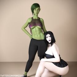 1futa 1girls 3d 3d_(artwork) beast_boy bulge bulge_through_clothing dc_comics erection erection_under_clothes female futanari genderswap_(mtf) green_skin penis_outline prime3dx raven_(dc) teen_titans