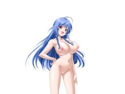 areolae blue_hair braid breasts censored female game_cg hand_on_hip happy highres huge_breasts legs long_hair looking_at_viewer mainichi_shabutte_ii_desu_ka? mochizuki_nozomu navel nipples nude open_mouth pussy red_eyes simple_background smile solo standing thighs twin_braids white_background yamada_momoko