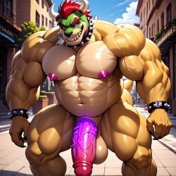 1boy 1male 5_toes ai_generated anthro balls bara bowser bracelet collar erect_nipples erect_penis erection full_body furry furry_male horns koopa large_pectorals looking_at_viewer male male_focus male_only mario_(series) mature mature_anthro mature_male muscular muscular_anthro muscular_male nintendo nipples nude nudity pectorals penis purple_eyes purple_penis red_hair seductive sharp_teeth solo teeth veiny_penis yellow_body