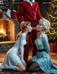 ai_generated aippealing anna_(frozen) blowjob disney disney_princess elsa_(frozen) female frozen_(film) frozen_2 head_grab threesome