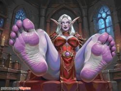 ai_generated armor barefoot blizzard_entertainment elf elf_ears elf_female feet foot_fetish foot_focus gigatsu looking_at_viewer night_elf purple_skin silver_hair sole_female soles spread_legs toes world_of_warcraft