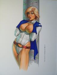 1girls big_breasts blonde_hair breasts dc dc_comics female joseph_michael_linsner nipples power_girl solo traditional_media_(artwork)