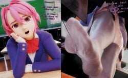 2girls 3d ayase_momo clothing_entrapment dandadan female_only foot_fetish giantess looking_at_viewer micro off_screen_character pink_hair sadincarnate3d school_uniform shiratori_aira size_difference socks steamy_feet