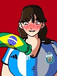 1boy 1boy1girl 1girls argentina argentinian big_breasts big_cock big_dick black_eyes blush blushing brasil brazil brazilian brazilian_flag brown_hair cum cum_on_penis f0dag4mes284 female football football_uniform huge_breasts jersey light-skinned light-skinned_female soccer soccer_uniform