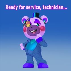 1:1 absurd_res anthro bear bedroom_eyes blue_clothing blue_eyes blush bodysuit buckteeth bulge clothed clothing dialogue digital_creature ear_piercing ear_ring enookie fingerless_gloves five_nights_at_freddy's five_nights_at_freddy's:_security_breach five_nights_at_freddy's:_security_breach_ruin footwear gloves glowing glowing_eyes handwear hat headgear headwear helpi_(fnaf) hi_res male mammal mechanic_outfit narrowed_eyes open_clothing open_mouth open_smile piercing pink_cheeks purple_clothing ring_piercing scottgames seductive shoes skinsuit smile solo steel_wool_studios teeth tight_clothing top_hat