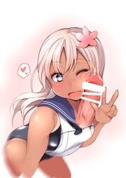 ;d bent_over blonde_hair blue_eyes blush censored cheek_squash crop_top female flower hair_flower hair_ornament heart heart-shaped_pupils highres kantai_collection long_hair one-piece_swimsuit one-piece_tan one_eye_closed open_mouth penis penis_on_face ro-500_(kantai_collection) sacha school_swimsuit school_uniform serafuku smile solo_focus spoken_heart sweatdrop swimsuit symbol-shaped_pupils tan tanline veins veiny_penis very_long_hair