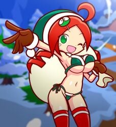 1girls andou_ringo bikini christmas christmas_outfit female furii_(artist) gift_bag large_breasts puyo_puyo puyo_puyo_artstyle side-tie_bikini solo tagme thighhighs