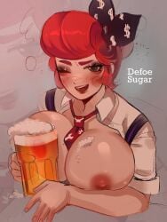 1girls alcohol areolae beer blush brawl_stars breast_press breasts defoesugar drinking_glass drunk female huge_breasts nipples one_eye_closed open_mouth open_shirt pam_(brawl_stars) red_hair shirt short_hair smile tie