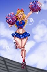 1girl abs alien_girl bare_legs blonde_female blonde_hair blue_eyes blue_shirt blue_skirt bow bow_ribbon cheerleader cheerleader_uniform clouds color commission commissioner_upload dc dc_comics digital_drawing_(artwork) flying kara_danvers kara_kent kara_zor-el kryptonian legs light_rays linda_danvers miniskirt mouth_open panties panty_shot pom_poms red_socks sexy_clothing short_skirt sketchatron sneakers socks solo solo_female supergirl supergirl_(series) superman_(series) teeth thighs tight_clothing tongue upskirt upskirt_view watermark wavy_hair ziggysketch