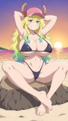 ai_generated alternate_version_available big_breasts blonde_hair breasts dragon_girl ecchi green_eyes legs_apart long_hair looking_at_viewer miss_kobayashi's_dragon_maid pmustum quetzalcoatl_(dragon_maid) tagme thighs underwear