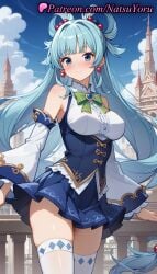 1girls ai_generated anime anime_style aqua_(konosuba) aqua_hair armpit_crease asian bangs bare_shoulders blue_eyes blue_hair blue_skirt blue_sky blue_vest blush bow bowtie breasts building bust busty center_frills closed_mouth cloud corset cowboy_shot day detached_sleeves earrings female female_focus female_only female_solo frilled_sleeves frills gem green_bow green_bowtie hair_bobbles hair_intakes hair_ornament hair_rings hentai jewelry kono_subarashii_sekai_ni_shukufuku_wo! large_breasts long_hair long_sleeves looking_at_viewer medium_breasts miniskirt natsuyoru outdoors pleated_skirt railing shirt sidelocks single_hair_ring skindentation skirt sky sleeveless sleeveless_shirt smile solo solo_female standing thighhighs thighs underbust very_long_hair voluptuous voluptuous_female white_shirt white_sleeves white_thighhighs wide_sleeves zettai_ryouiki